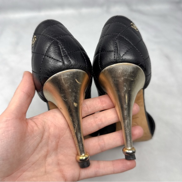 CHANEL Quilted Leather Open Toe D'orsay Side Cut Out Ankle Bootie Heels Black 37 - Picture 8 of 16